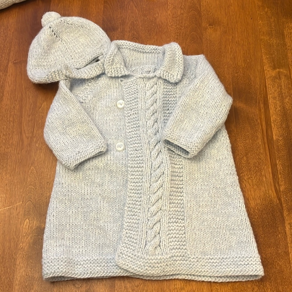 Gorgeous Baby sweater knit sweater coat with baby cap.  Light blue. 24M.